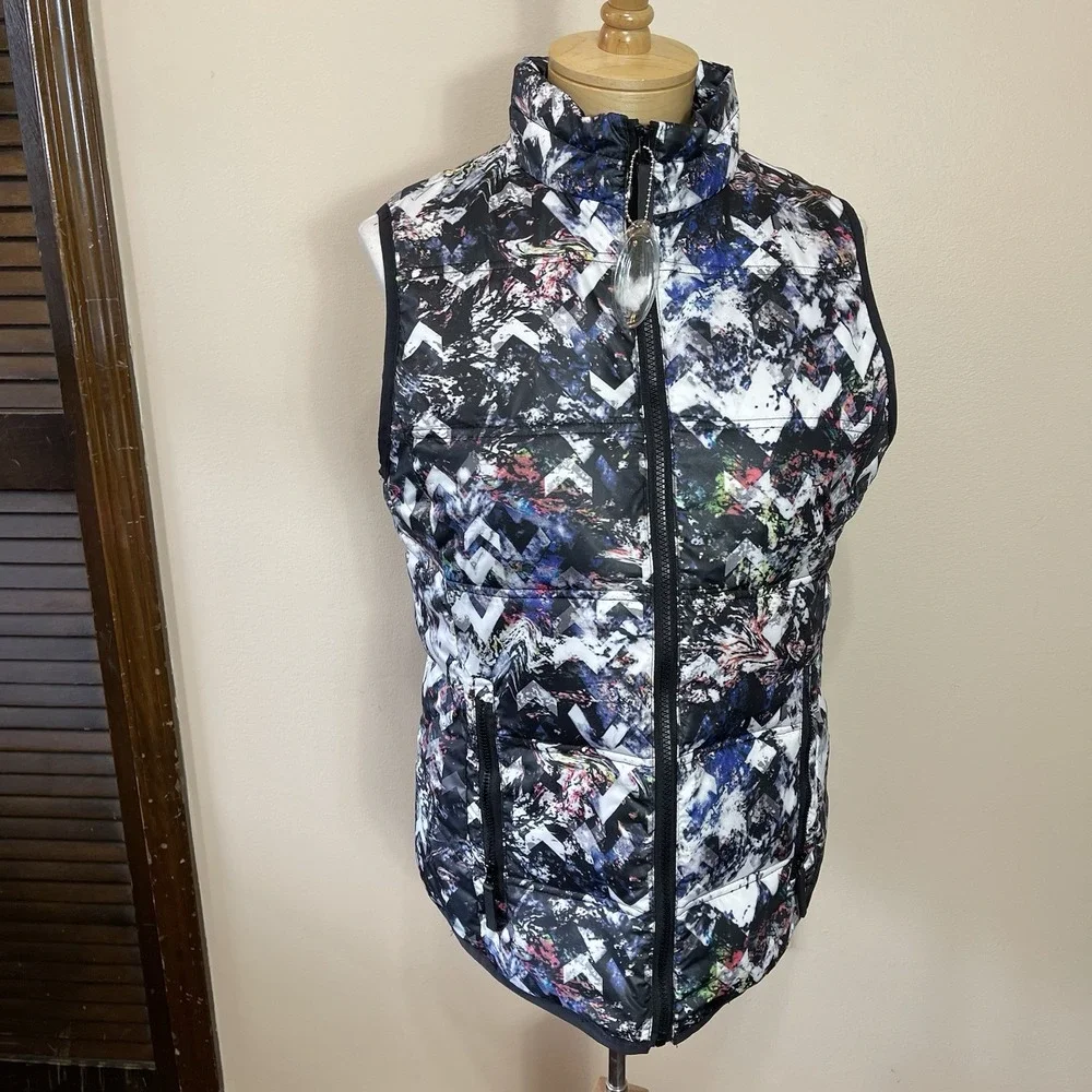 NEW Tribal Womens Abstract Chevron‎ Down Blend Puffer Vest Blue Black White S